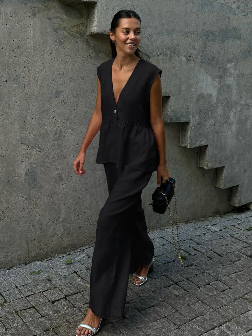 Vela Official Conjunto de Lino para Mujer – Top Sin Mangas, Pantalón Ancho, Escote V, Transpirable-83272-0c63c763-28ea-4941-8b59-9294f11645bc