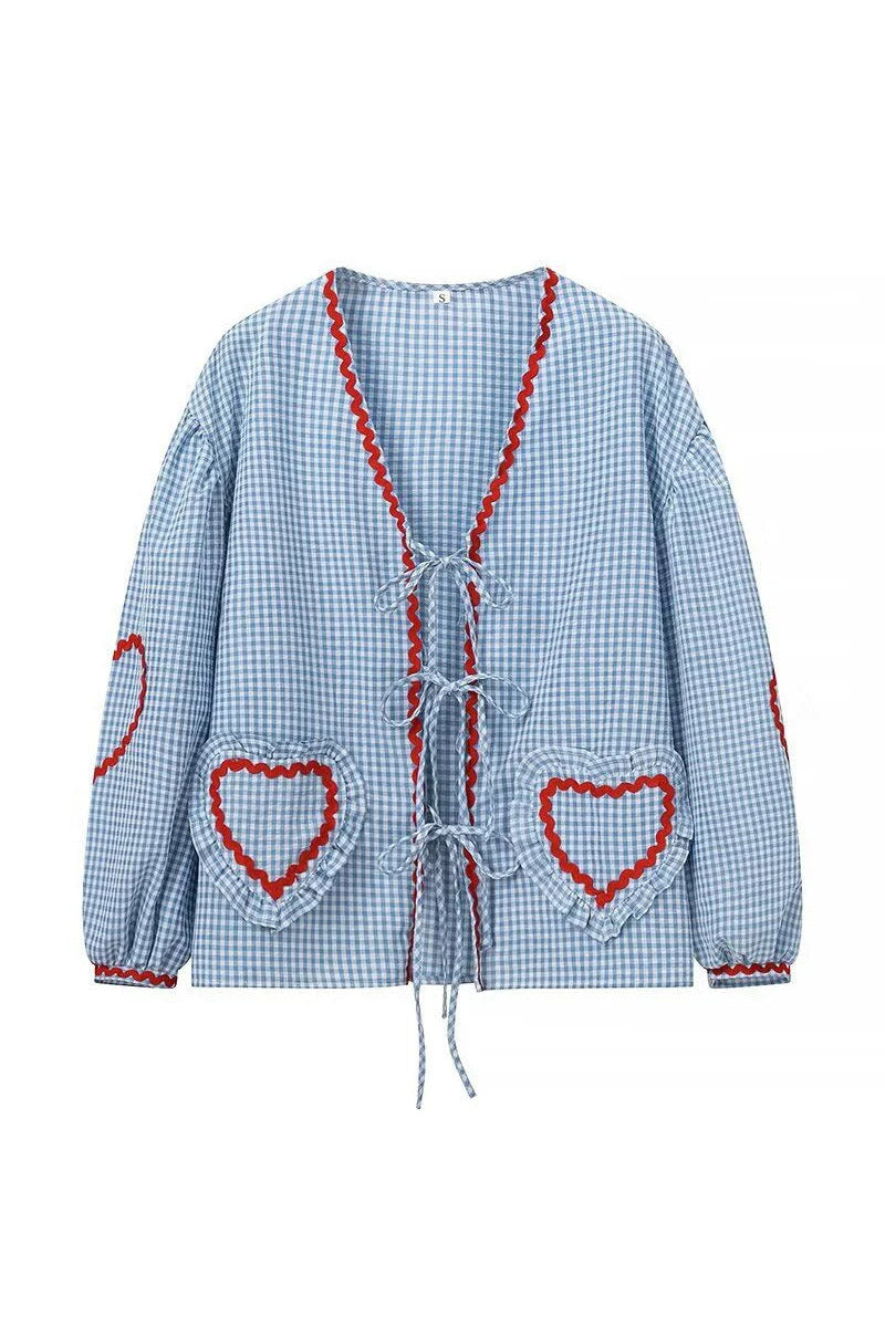 Blusa Gingham Mujer con Bolsillos Corazón, Ribete Rojo, Lazo Delantero-83307-54f3a0d1-9fa1-42cc-9ee0-49ca009f5f1c