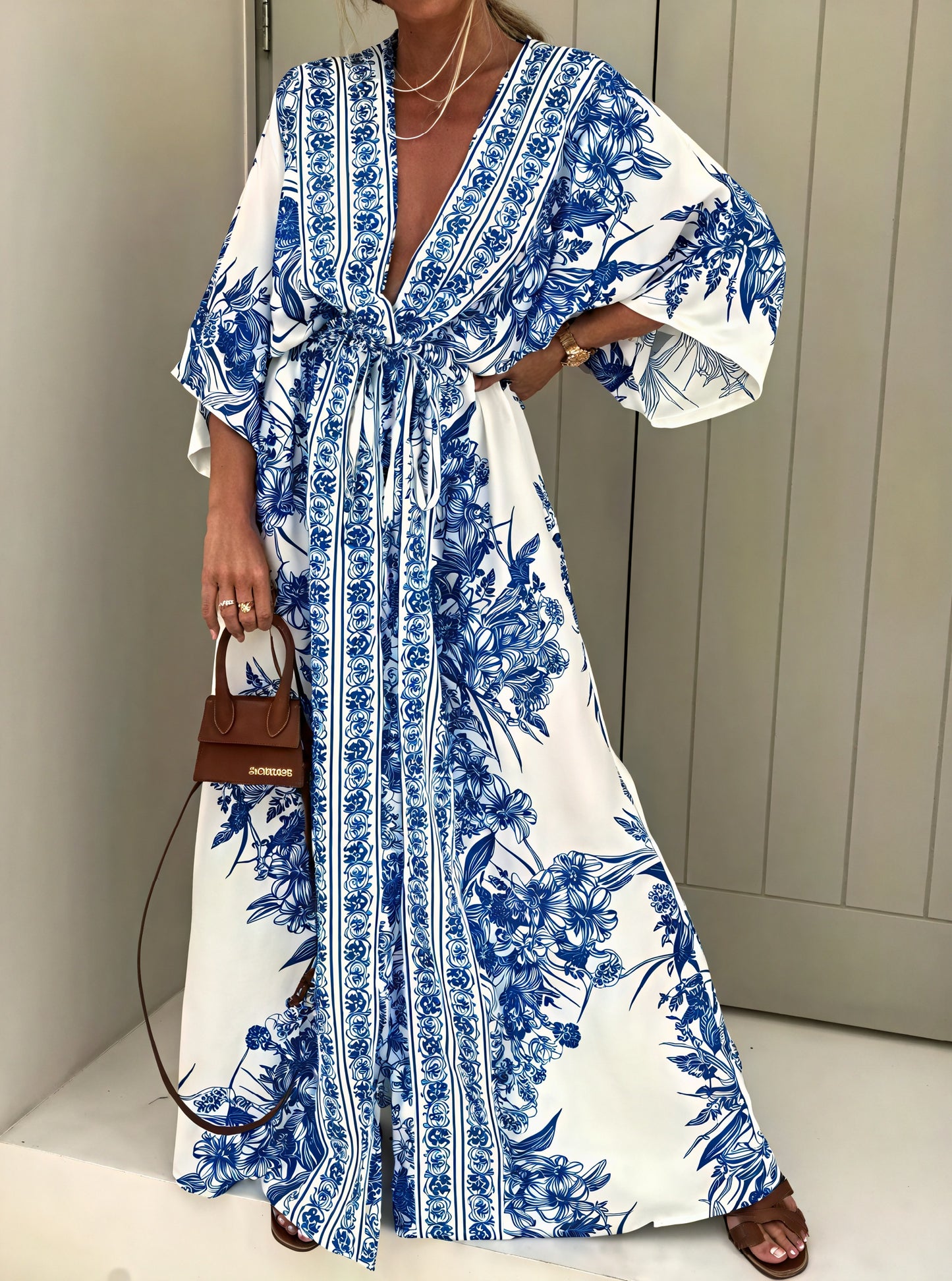 Vestido Maxi Floral Estilo Kimono