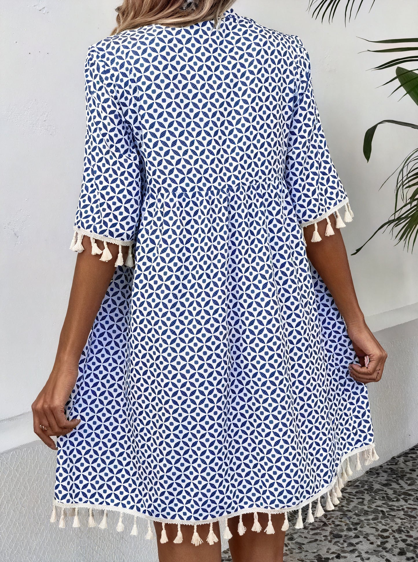 Women's Dress – Blue White Geometric Pattern, Tassel Detail, Short Sleeve-82531-f6283457-38c9-4fa5-b8d4-ff2536c1491a