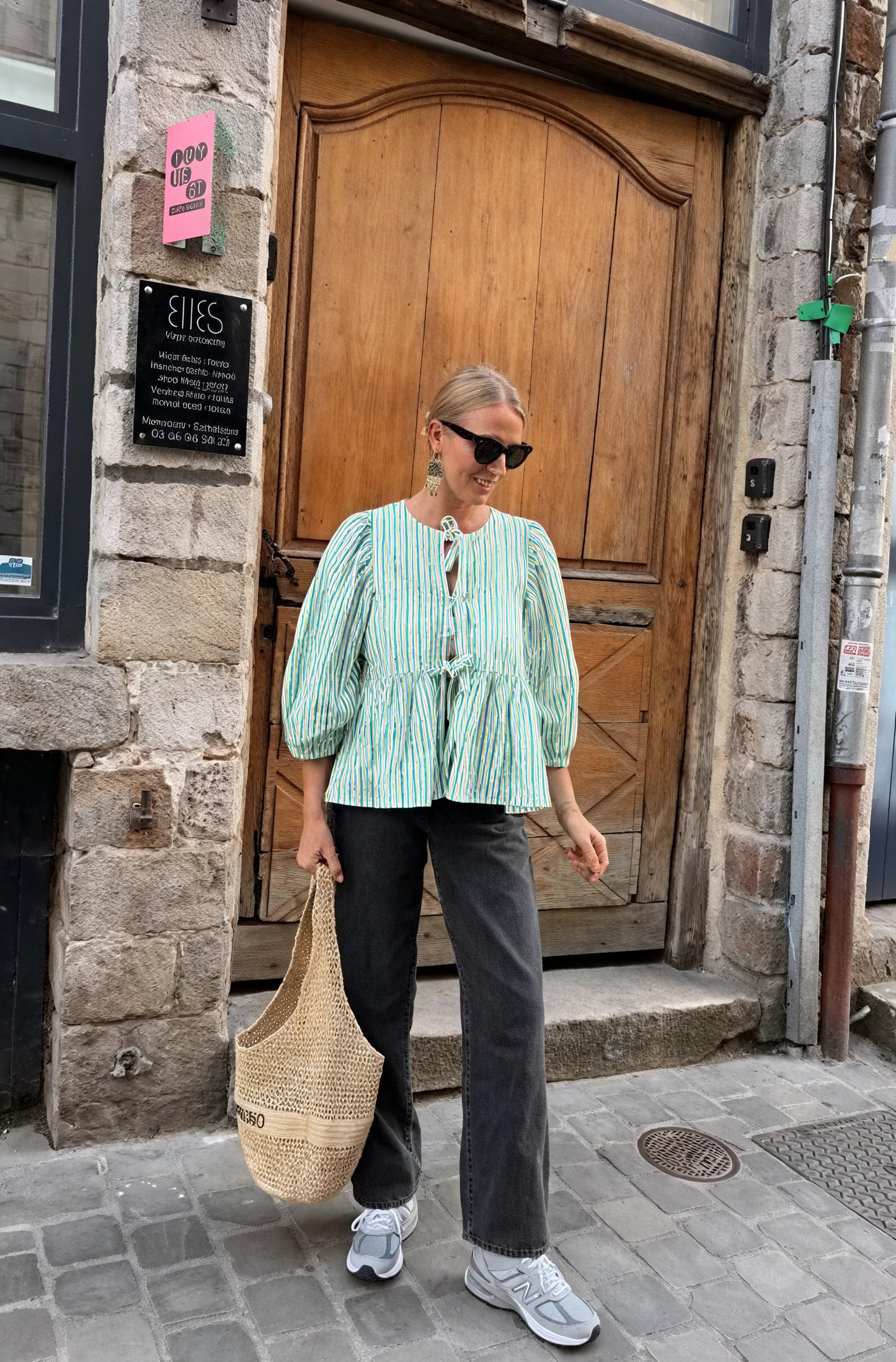 Blusa de Mujer Rayas Verde Blanco, Lazos Delanteros, Mangas Abullonadas-83297-e9500148-d66a-4b16-b2a4-0bea86b5e139