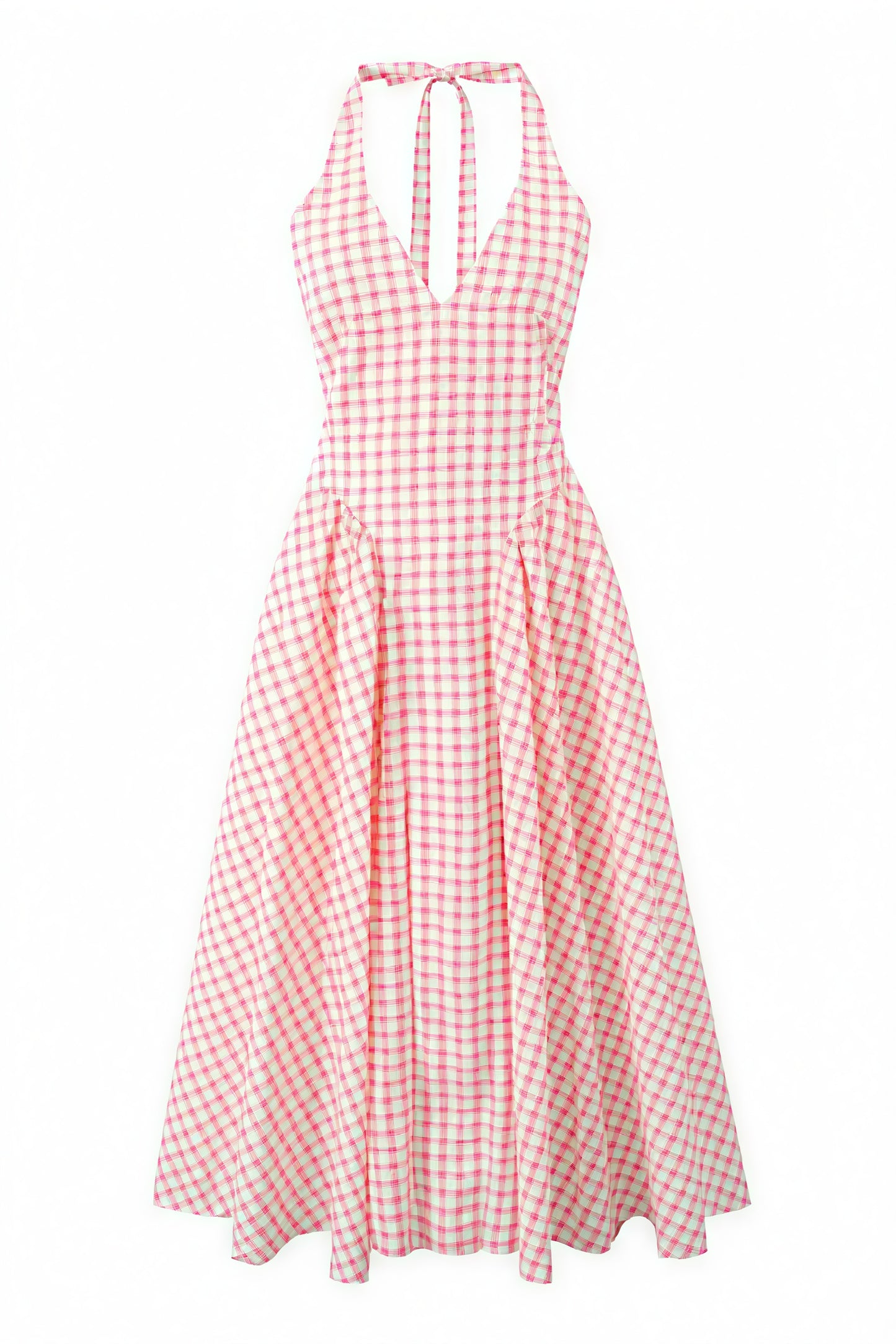 Vestido Gingham Rosa y Blanco con Escote V y Falda Plisada, Estilo Clásico Femenino-83586-ad8c3dd0-79c9-4185-82c2-589b41987e80