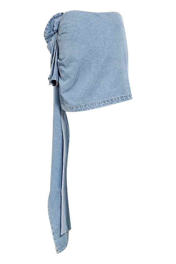 Falda Denim Asimétrica con Flor Esculpida