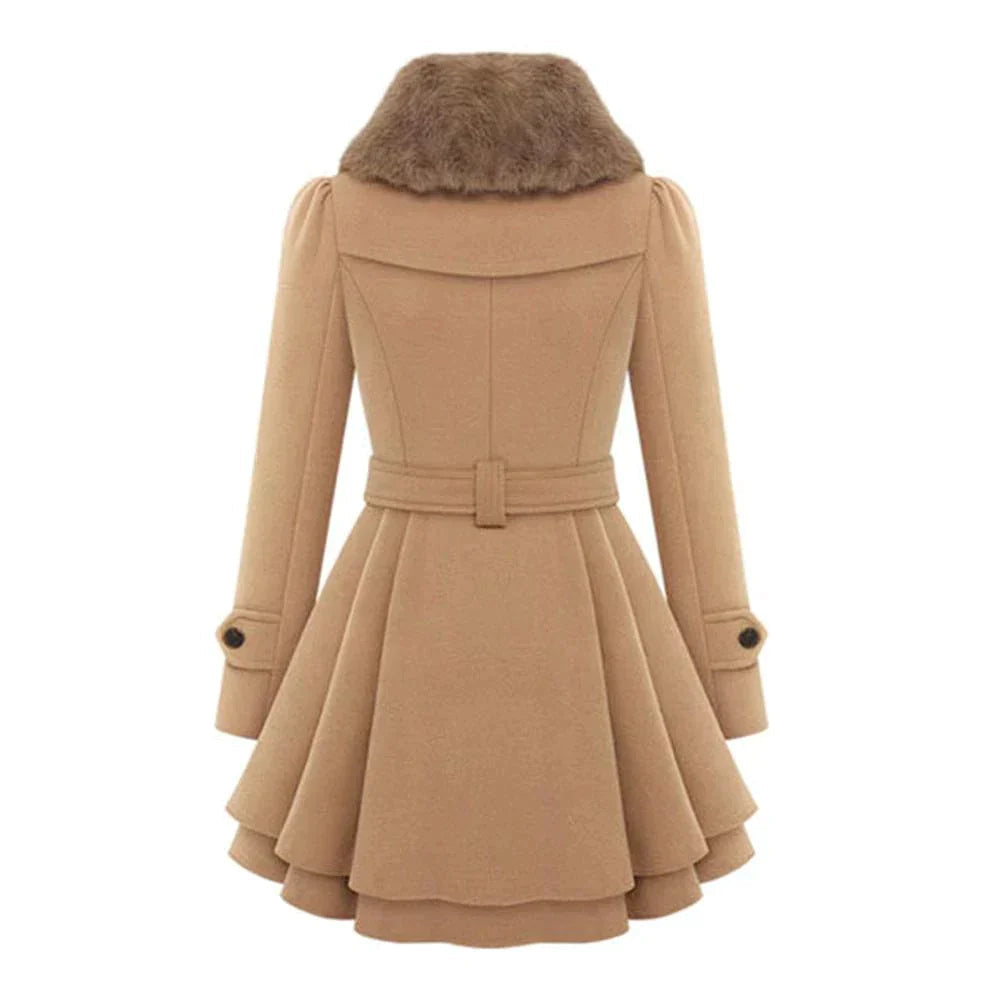 Abrigo de Mujer Doble Botonadura con Cuello de Piel Sintética, Cinturón y Falda Acampanada, Estilo Clásico Elegante-82347-02de3694-168d-45ba-80b9-47489ca97346