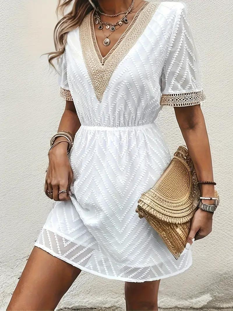 Vestido Blanco Mujer – Escote V, Bordado Floral, Manga Corta, Cintura Elástica-82469-0867ed76-684f-4019-bfb1-181c132f82e8