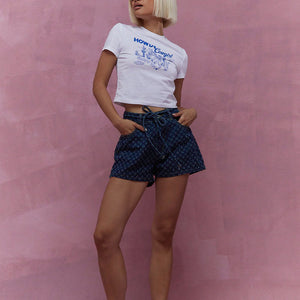 Women's Denim Shorts – Unique Pattern, Tie Waist, Pockets, Casual Style-83372-0cbdd248-5fa7-41c1-a02b-7bd6425fe366