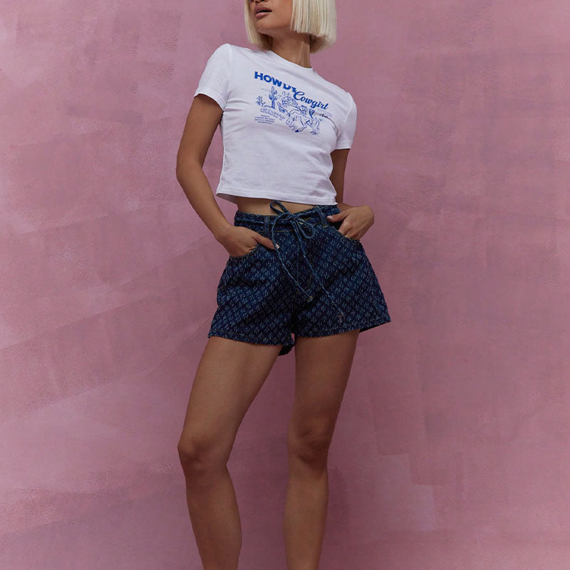 Women's Denim Shorts – Unique Pattern, Tie Waist, Pockets, Casual Style-83372-0cbdd248-5fa7-41c1-a02b-7bd6425fe366