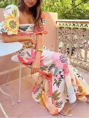 Vestido Maxi Floral con Mangas Abullonadas