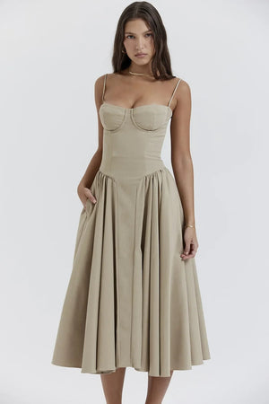 Vestido Midi para Mujer – Tirantes Finos, Corpiño Estructurado, Falda Plisada, con Bolsillos-83506-14a04251-4c88-4d4d-8492-12a9fb0bf492