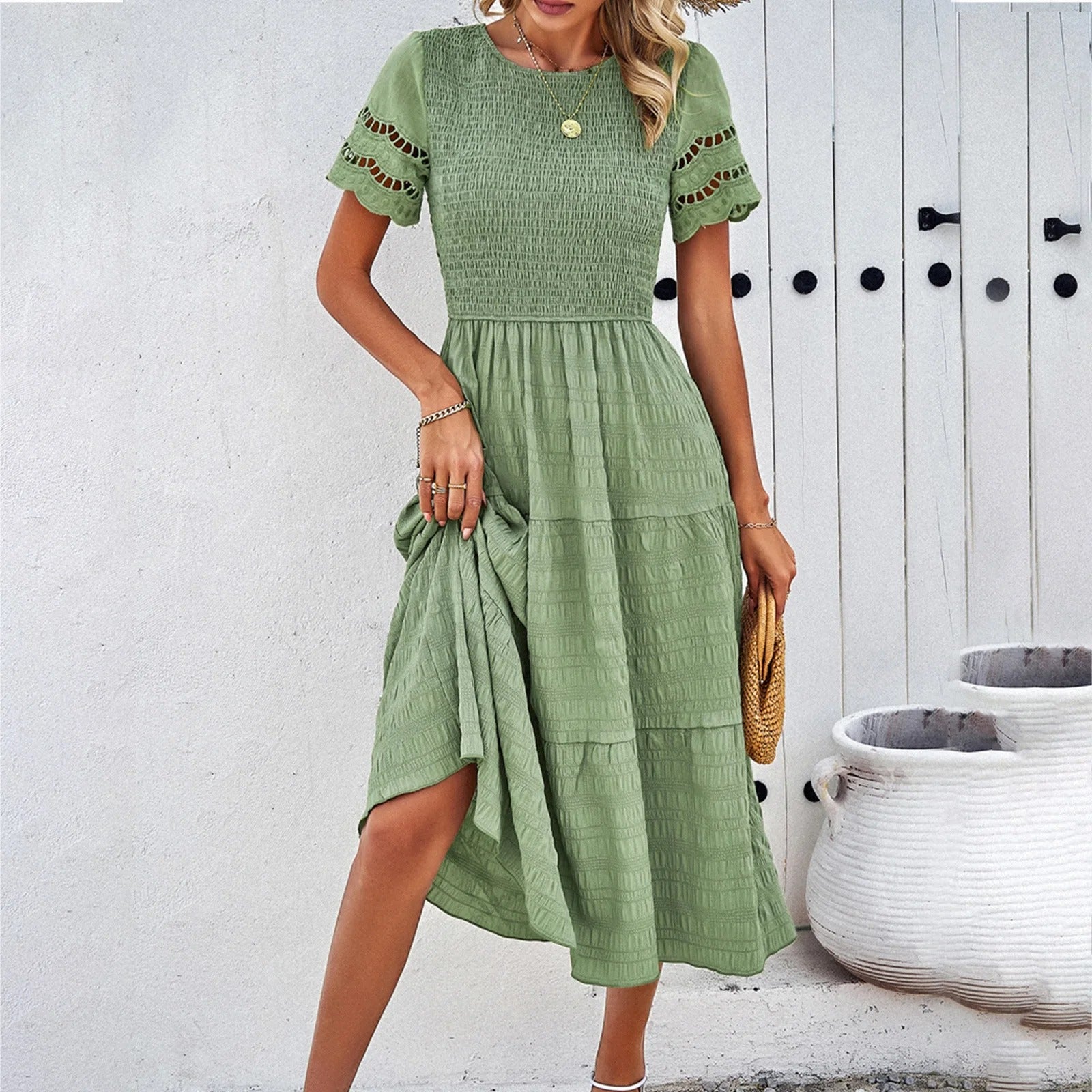 Vestido para Mujer – Smock, Falda Escalonada, Mangas Cortas Caladas, Cuello Redondo, Estilo Casual-81836-16be4dc9-95b4-4527-b4de-c22e2eae562e
