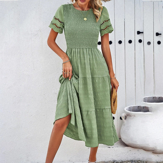 Vestido para Mujer – Smock, Falda Escalonada, Mangas Cortas Caladas, Cuello Redondo, Estilo Casual-81836-16be4dc9-95b4-4527-b4de-c22e2eae562e