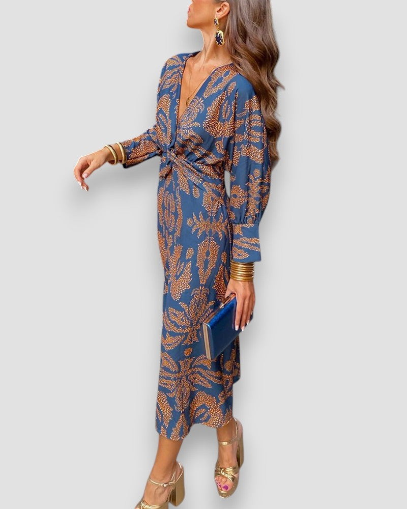 Mujer Vestido Estampado Manga Larga Escote Pico Nudo en Cintura Elegante-83293-1b690ae2-0456-4f55-815a-90aba0927b6a