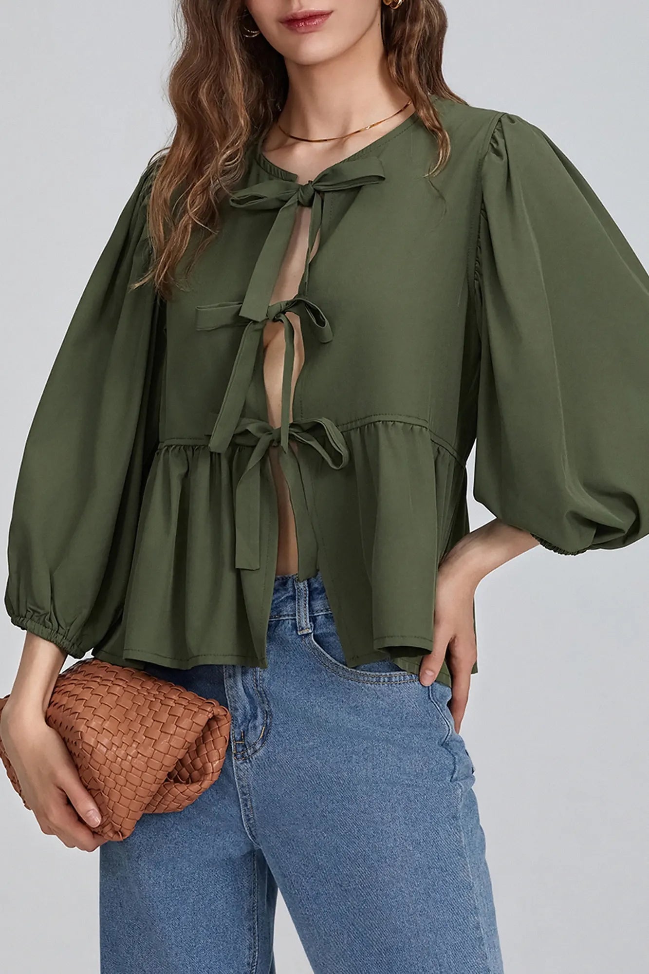 Vela Official Blusa Peplum para Mujer – Lazo Decorativo, Manga 3/4, Varios Colores-83302-1f93c560-244e-4124-a28c-43e9614538ef