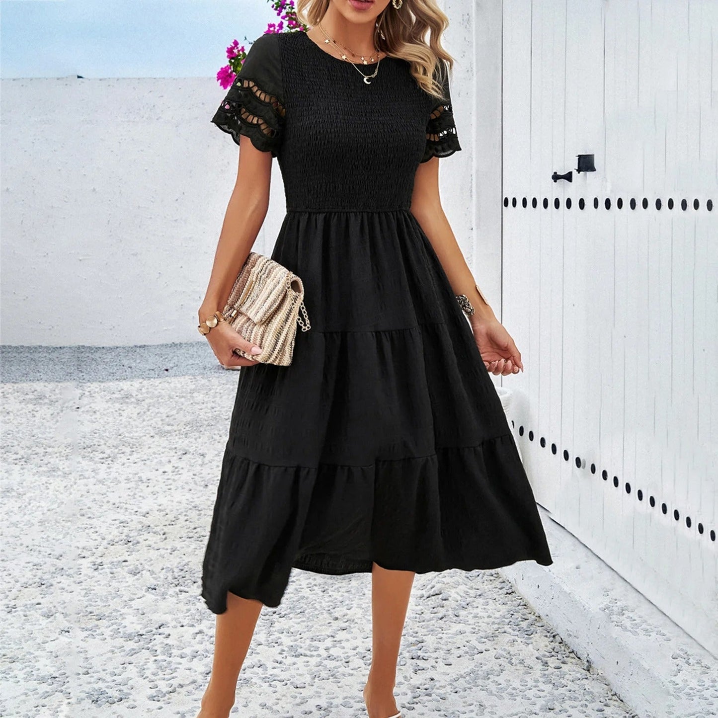 Vestido para Mujer – Smock, Falda Escalonada, Mangas Cortas Caladas, Cuello Redondo, Estilo Casual-81836-210206f1-0011-4b99-8b9c-557599fb0688