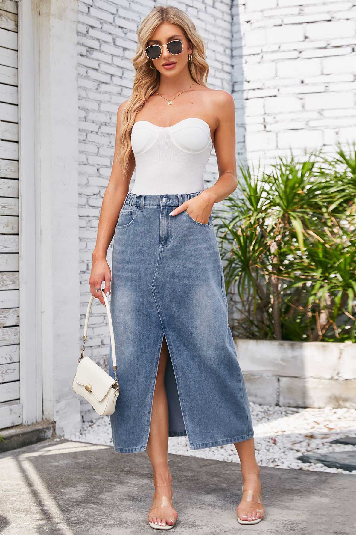 Falda Midi Denim con Abertura Delantera