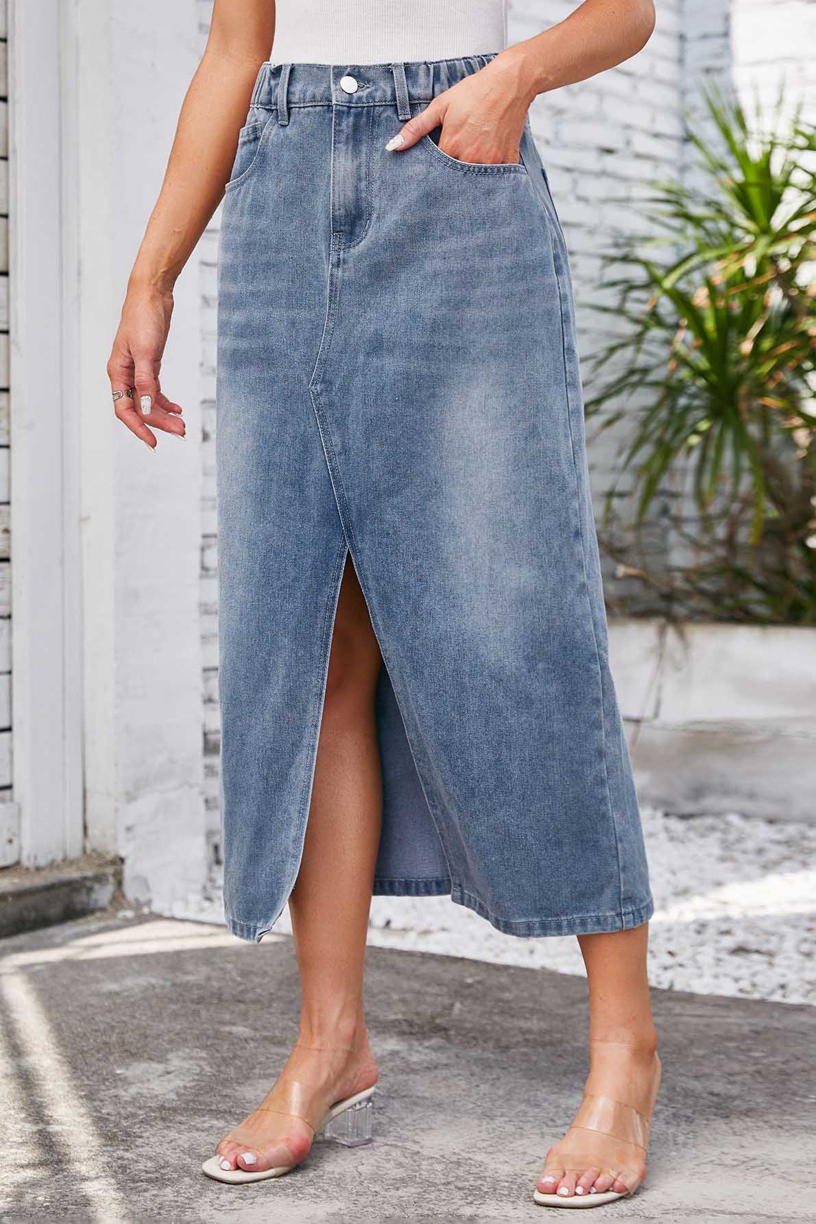 Falda Midi Denim con Abertura Delantera