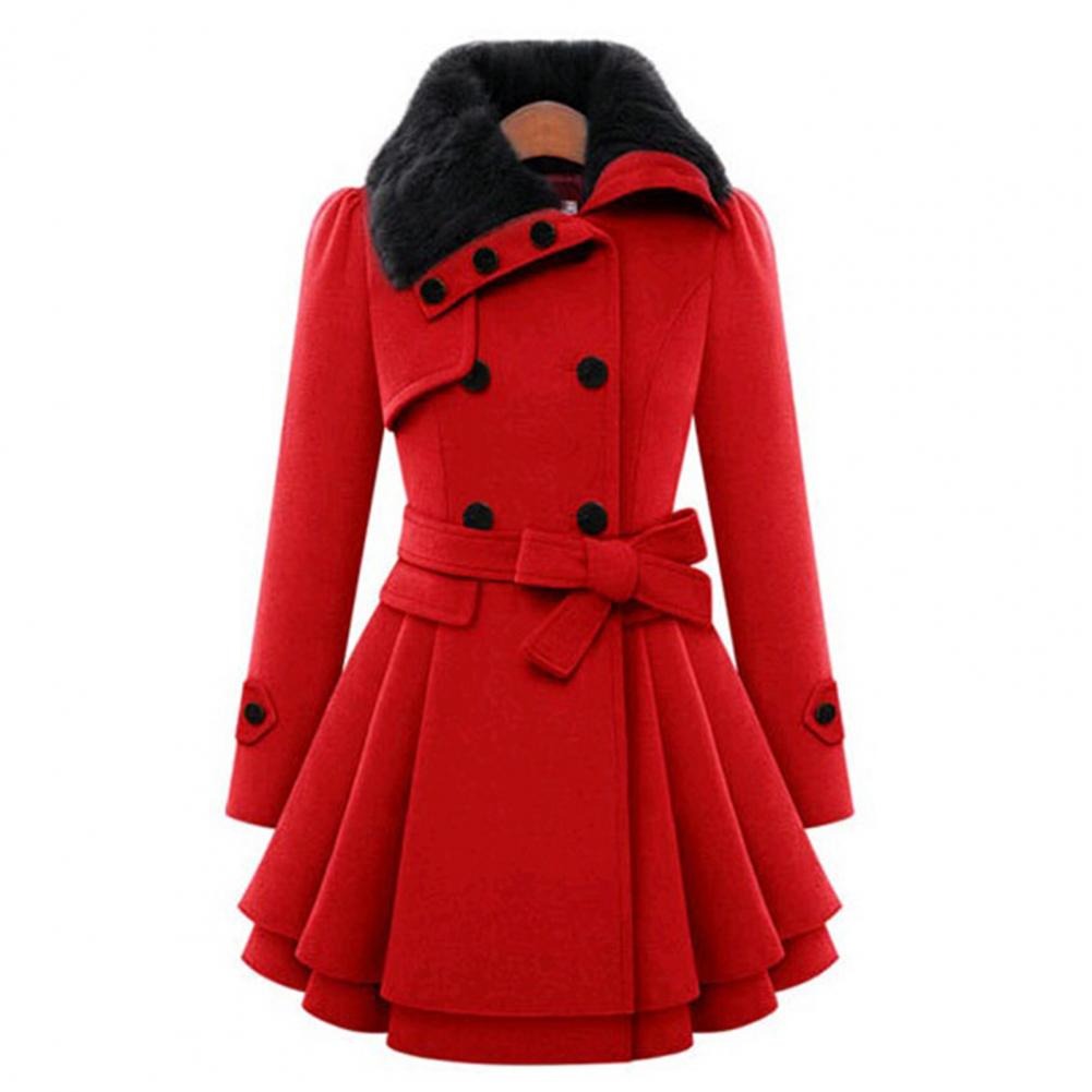 Abrigo de Mujer Doble Botonadura con Cuello de Piel Sintética, Cinturón y Falda Acampanada, Estilo Clásico Elegante-82347-308009fd-ca1f-4787-8ddf-947150d692c4