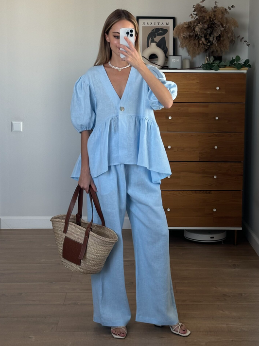 Vela Official Conjunto Dos Piezas Mujer – Lino Cuello V, Mangas Abullonadas, Pantalón Ancho S-XL-83274-350be112-09bf-4698-93ad-a45ce3b240ee