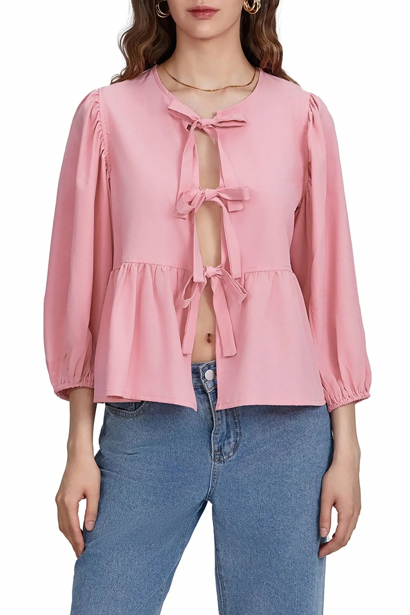 Vela Official Blusa Peplum para Mujer – Lazo Decorativo, Manga 3/4, Varios Colores-83302-3a4a81a6-48d8-4824-8166-4c1fb97996e9