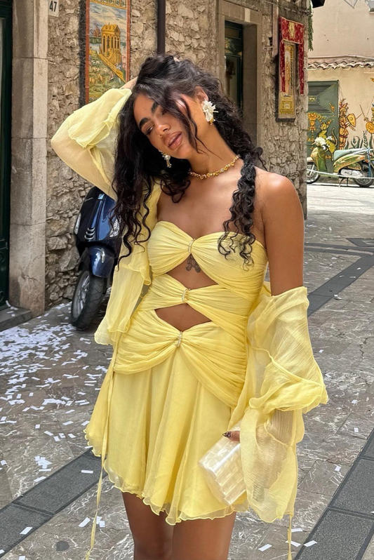 Vestido Amarillo Mujer – Diseño Recortes Mangas Transparentes Fluido-83601-3ecfc962-45ac-42f5-83ea-b9f45baefe93