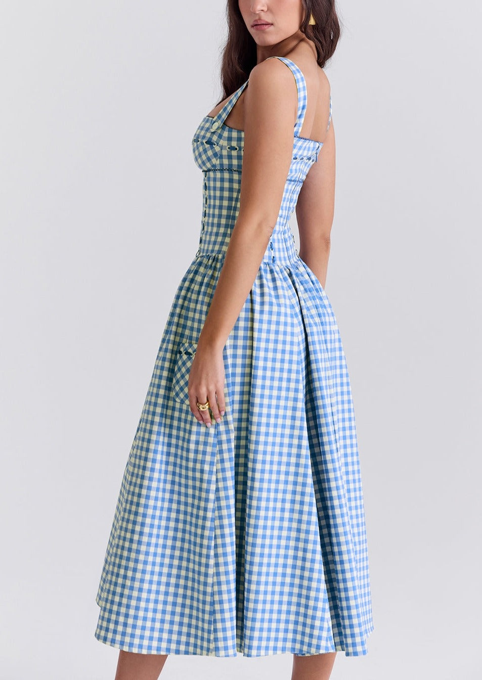 Vestido Gingham Mujer Escote Cuadrado Detalle Botones Estilo Clásico-83592-408ad8e2-d51b-4e59-9988-dc96a80d2de5
