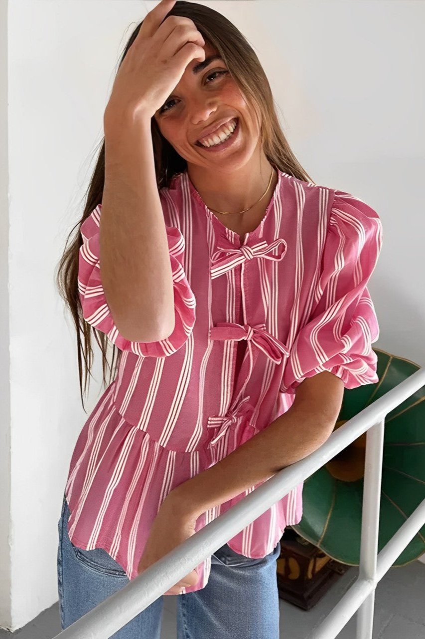 Vela Official Blusa de Mujer Rayas Rosas y Blancas con Lazos, Manga Corta-83300-422cd29c-5c29-4809-bb38-7076bec47aca