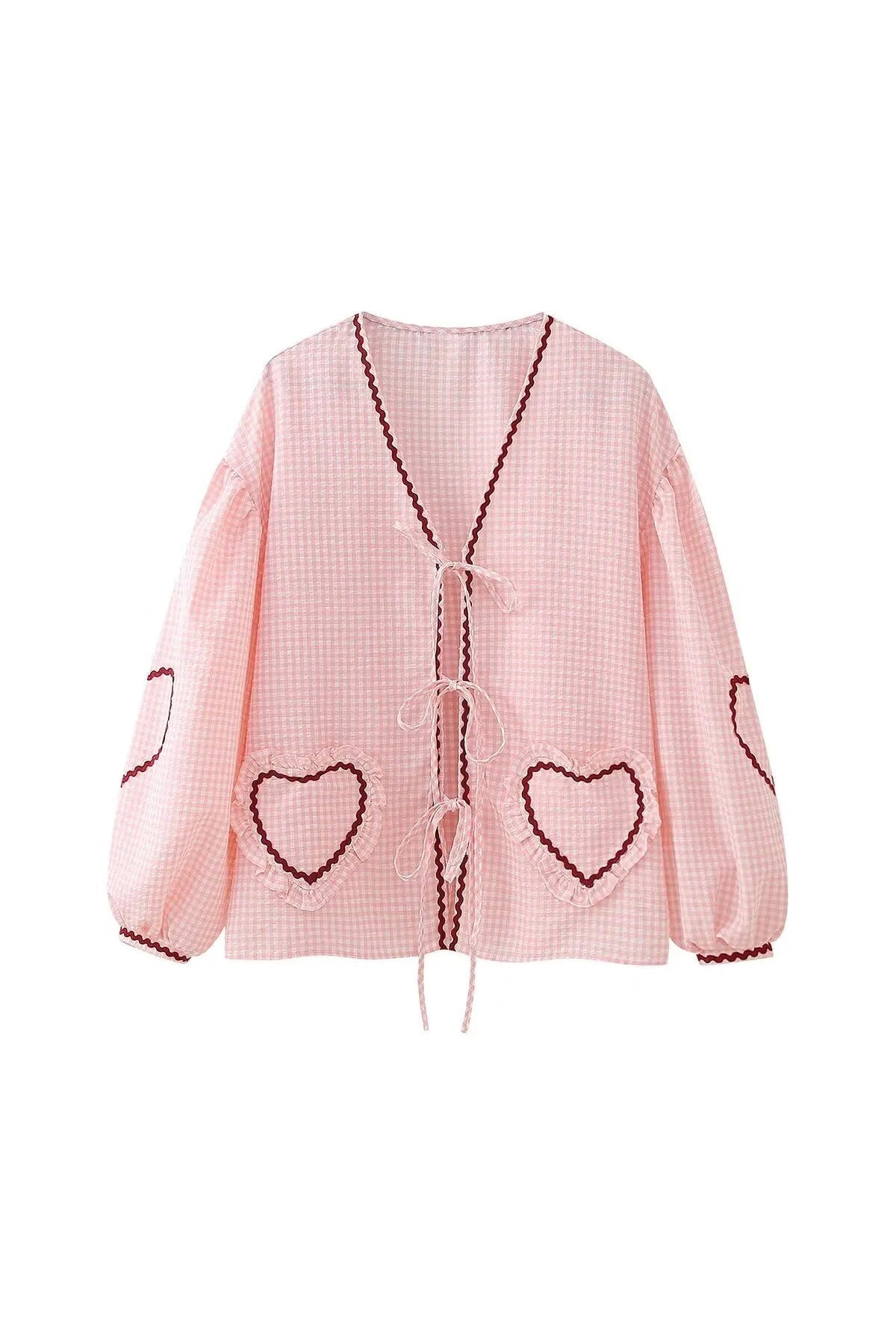 Blusa Gingham Mujer con Bolsillos Corazón, Ribete Rojo, Lazo Delantero-83307-44fea038-c94b-4511-85d5-4330bcb914c1