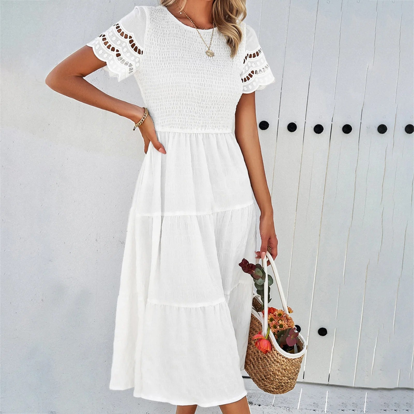Vestido para Mujer – Smock, Falda Escalonada, Mangas Cortas Caladas, Cuello Redondo, Estilo Casual-81836-487c610b-e723-442a-a6d8-31e4c1787577