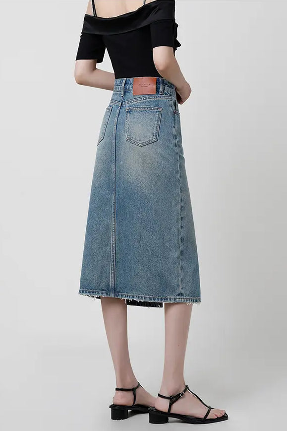 Falda Denim Midi con Abertura Frontal