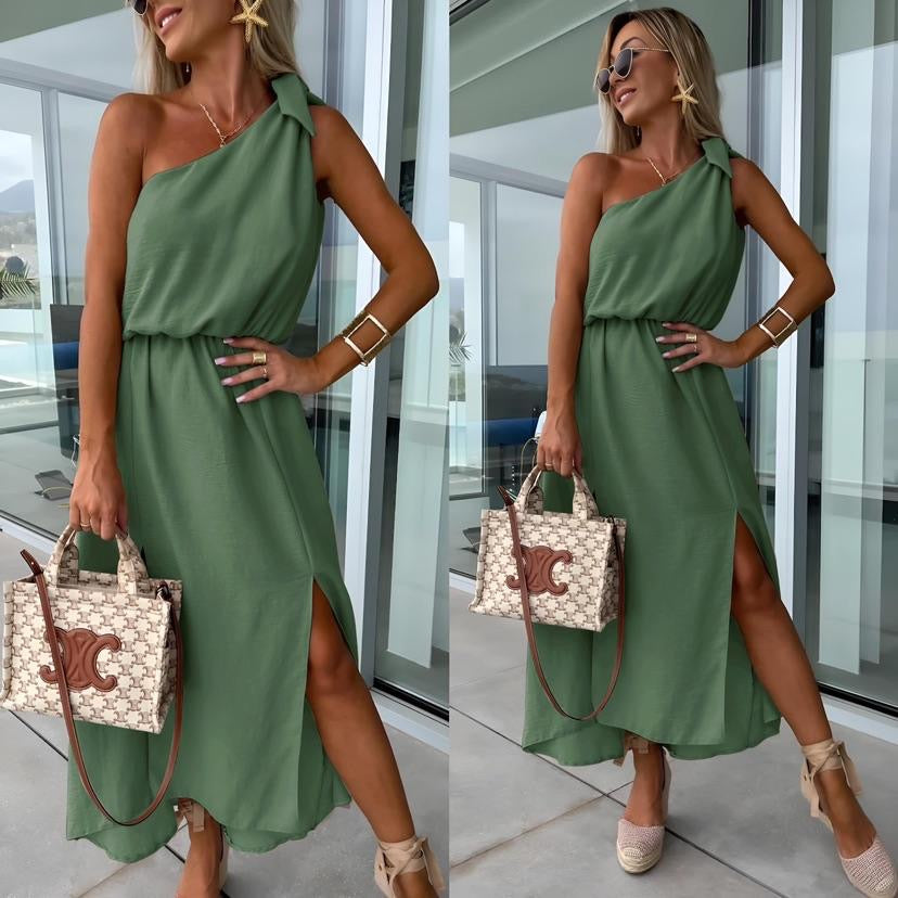 Vestido Asimétrico de Un Hombro para Mujer con Abertura Lateral y Lazo en Cintura-83342-4a466b68-4714-4151-8f0a-3a58835f207b
