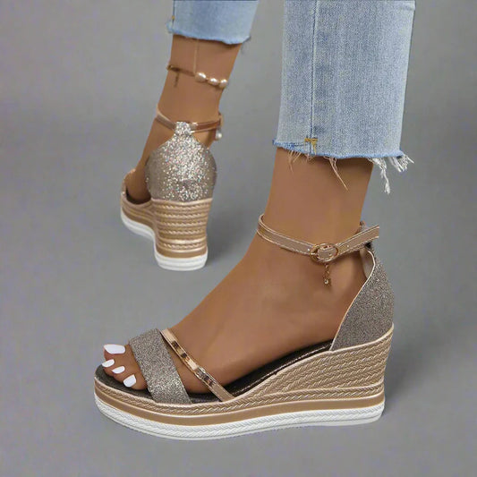 Cuñas Glitter Mujer con Plataforma y Tira Ajustable al Tobillo | Sandalias de Punta Abierta Glamurosas y Cómodas para Fiesta y Verano-83231-4bc09d8d-c282-4921-aecd-536fb7fb3268