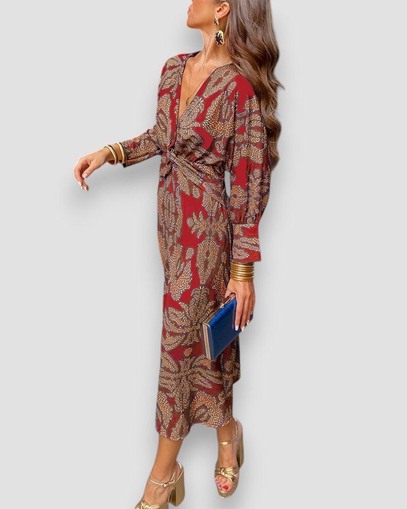 Mujer Vestido Estampado Manga Larga Escote Pico Nudo en Cintura Elegante-83293-5461d593-785a-4777-8474-57faeff54d33