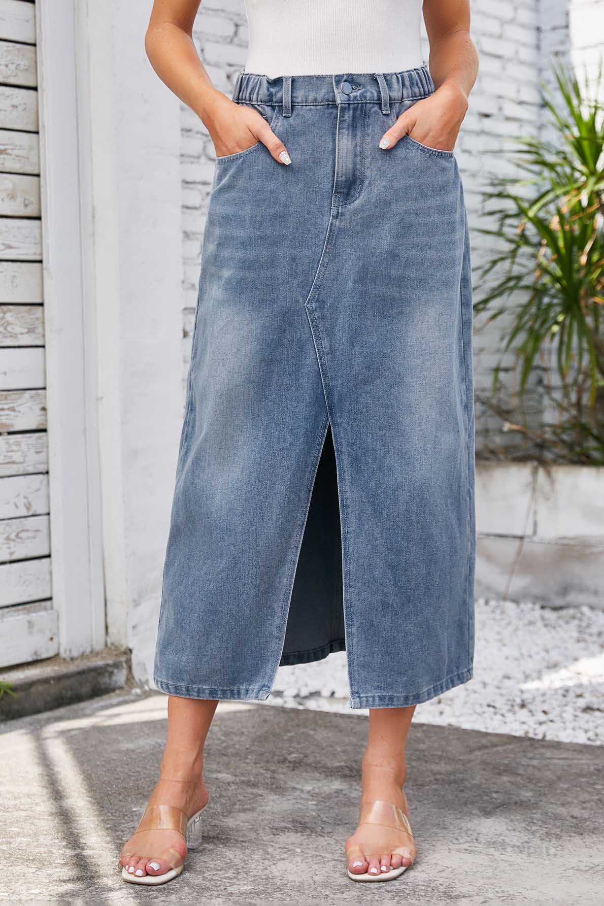 Falda Midi Denim con Abertura Delantera
