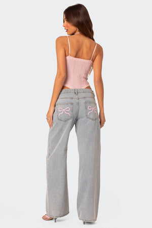 Jeans de Mujer Lavado Claro con Lazos Bordados, Pierna Ancha-83512-5f59092b-bdb1-4966-ad65-8bd7ea0e5f7a