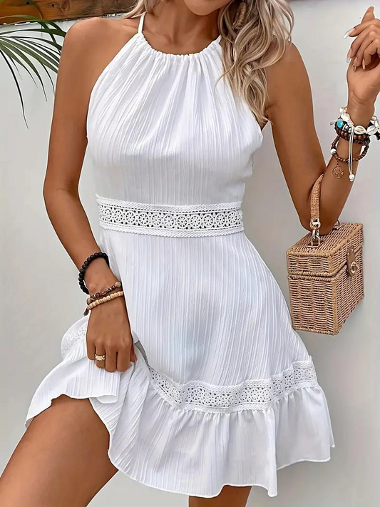 Vestido Halter con Encaje y Falda Fluida