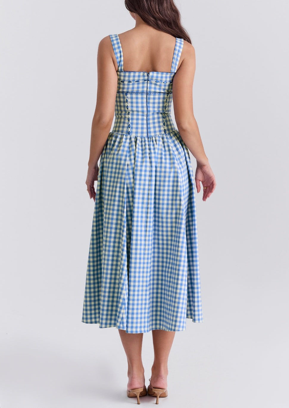 Vestido Gingham Mujer Escote Cuadrado Detalle Botones Estilo Clásico-83592-61823281-8a02-433e-885f-19eb7faa024c