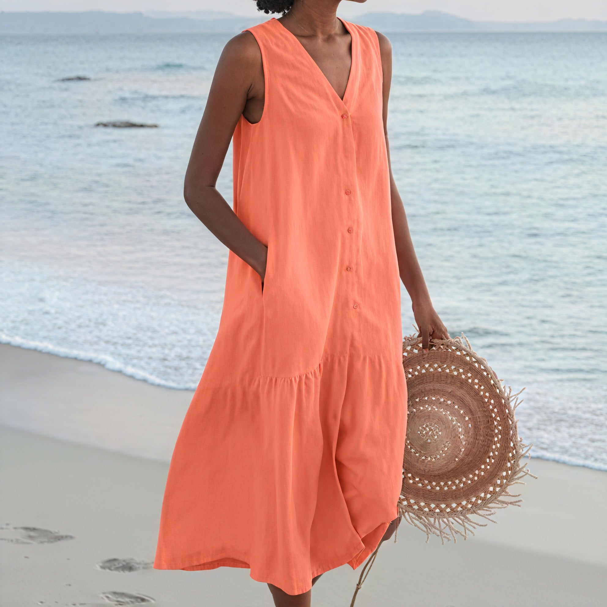 Vestido Midi Fluido Sin Mangas – Escote V, Abotonado, Bolsillos Laterales-67015-c668cd01-9da3-4822-ba30-603a1b63c9db