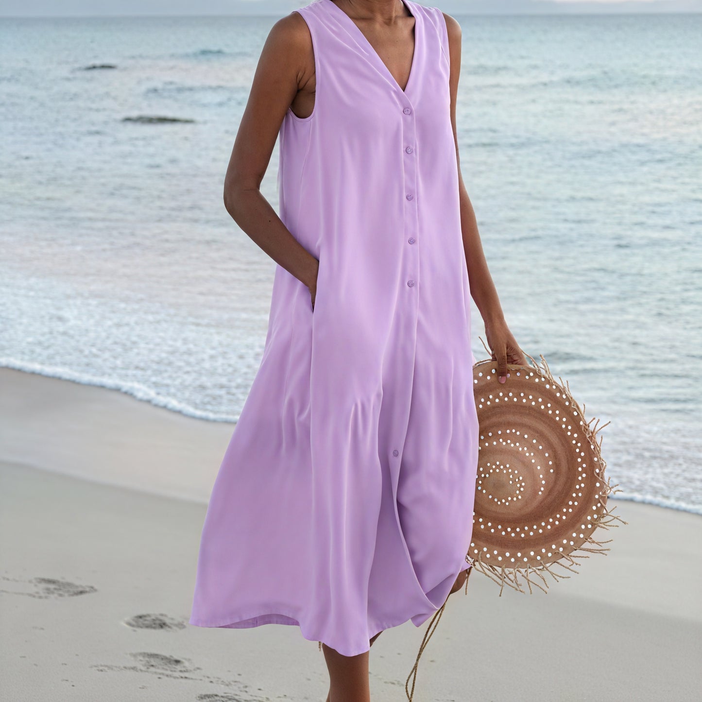 Vestido Midi Fluido Sin Mangas – Escote V, Abotonado, Bolsillos Laterales-67015-1c790fbb-0bcb-45f3-b2ce-816c648a1946