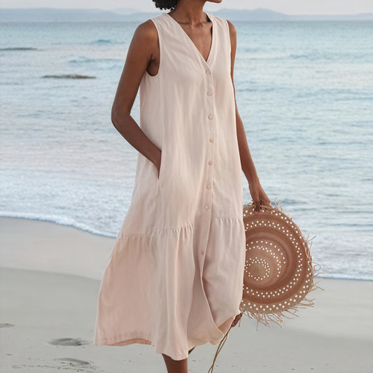 Vestido Midi Fluido Sin Mangas – Escote V, Abotonado, Bolsillos Laterales-67015-c9b4baa9-9102-4d14-a47a-6a7f1a1e1793