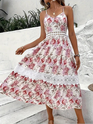 Vestido Midi Floral con Encaje