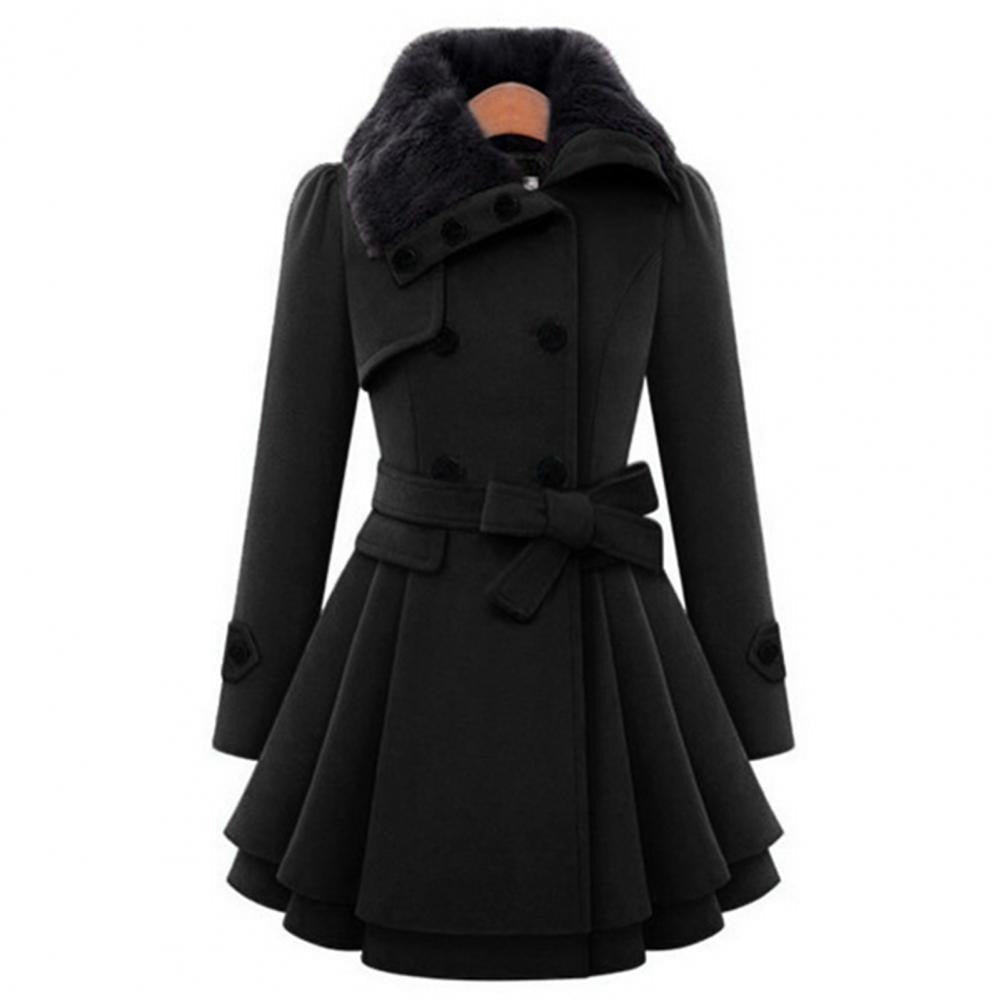 Abrigo de Mujer Doble Botonadura con Cuello de Piel Sintética, Cinturón y Falda Acampanada, Estilo Clásico Elegante-82347-6a4a9819-bc05-4bf3-a09d-739589593ca9