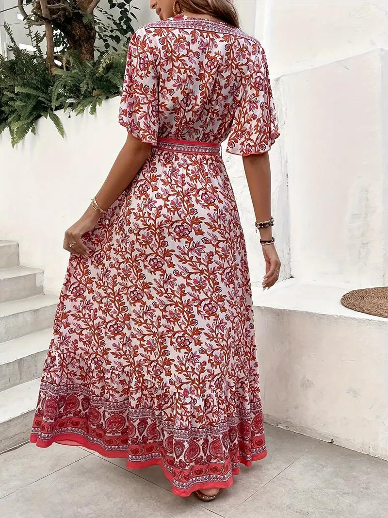 Maxi Vestido Floral Escote V Cintura Ajustable Diseño Fluido Mangas Cortas Estilo Bohemio Verano-82359-6b4baf6b-445a-41f9-842a-eedb43b0d310