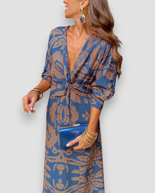 Mujer Vestido Estampado Manga Larga Escote Pico Nudo en Cintura Elegante-83293-6c407eba-bc05-43bf-969d-3dc9aea86bf8