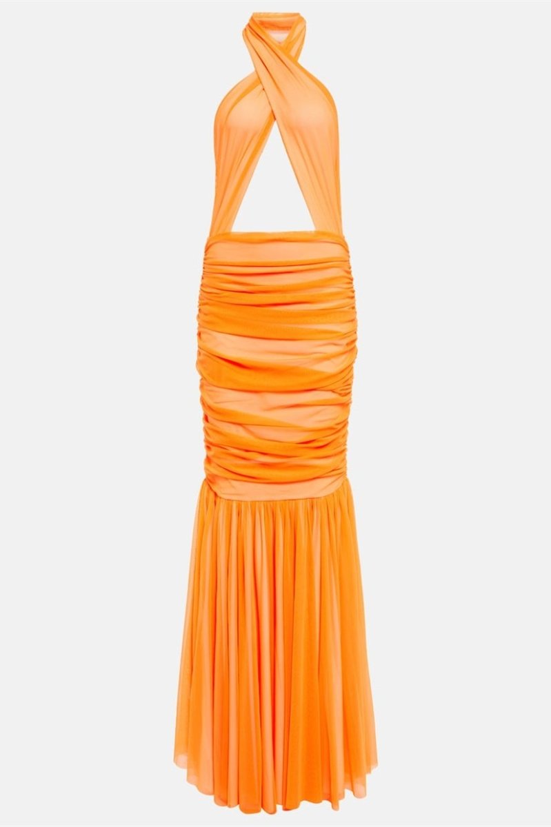 Vestido Halter con Abertura y Falda Plisada