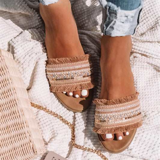 Sandalias Slide Mujer – Flecos y Cuentas, Estilo Bohemio, Suela Plana-73650-851daaf0-b4ad-458f-9a45-2cb2f7d3e834