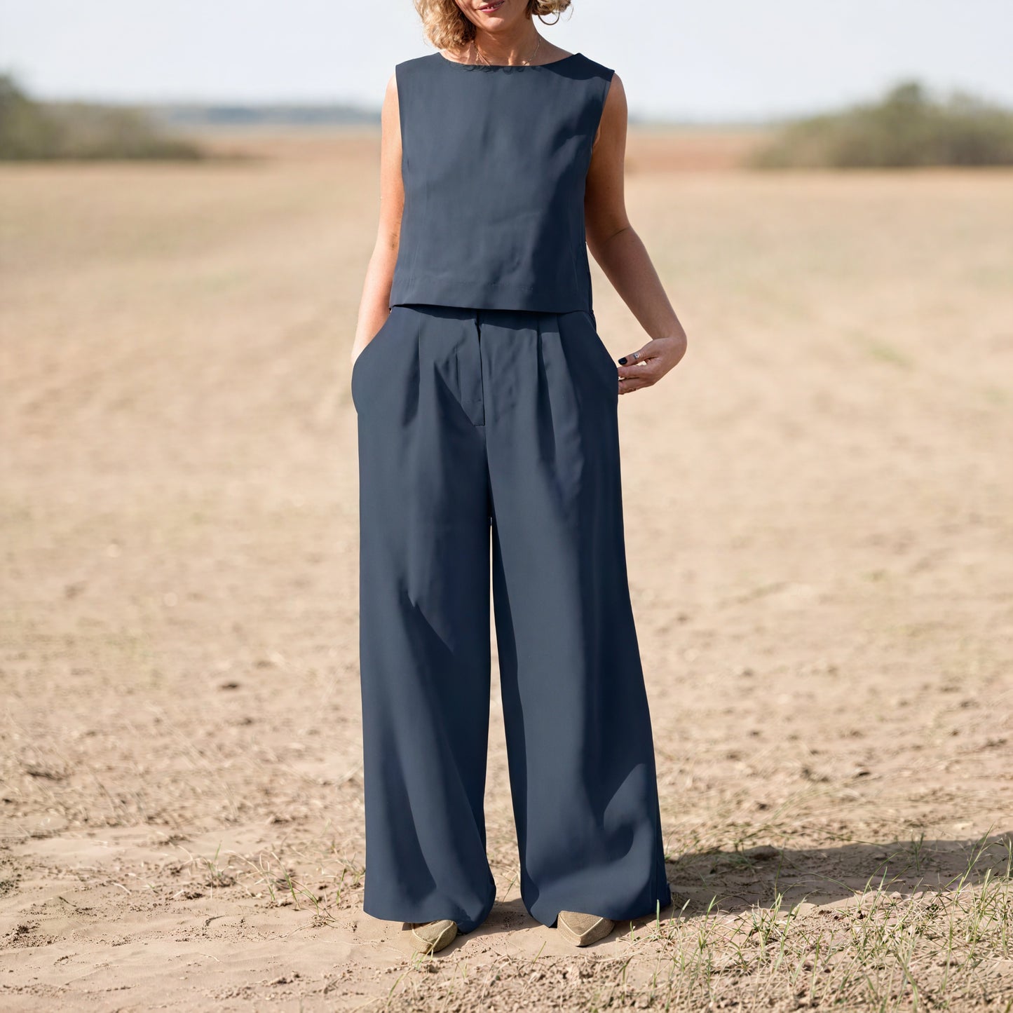 Conjunto Sofisticado Top sin Mangas & Pantalón Ancho