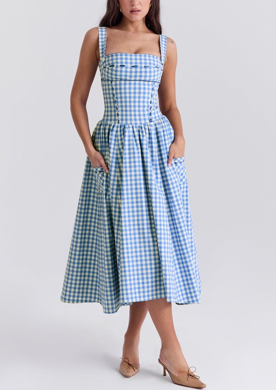Vestido Gingham Mujer Escote Cuadrado Detalle Botones Estilo Clásico-83592-7759cc05-f110-4f25-b0cc-cc21e971c471