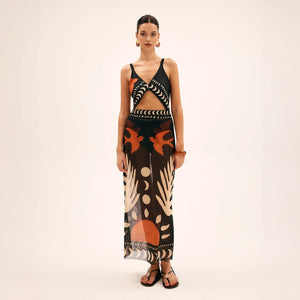 Vestido Maxi Estampado Abstracto con Abertura