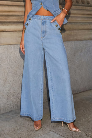 Conjunto Denim Chic: Chaleco & Pantalón Palazzo