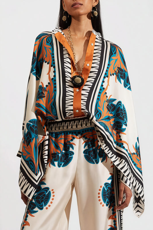 Conjunto Kimono Estampado y Pantalón Palazzo